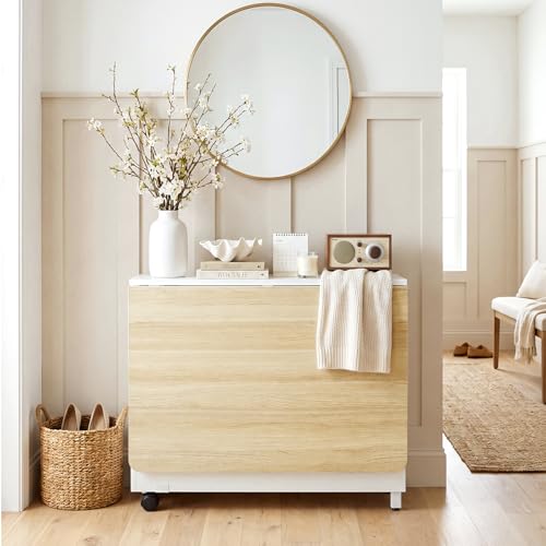 Folding Dining Table with Wheels, Space Saving Drop Leaf Kitchen Table with Storage Cabinet, Expandable Movable Furniture for Small Apartment, Natural - color: Natural