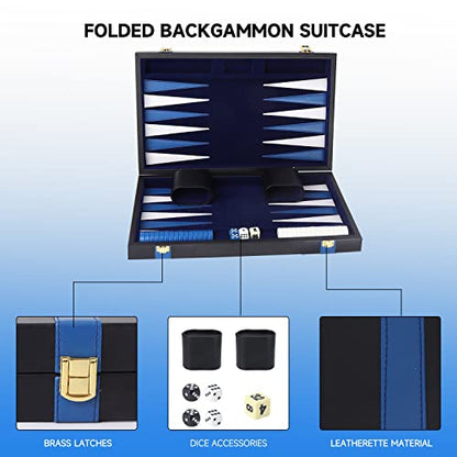 GSE Premium Leather Backgammon Board Game Set, Black&Blue, Small | Premium Leather, Travel Folding Board, Classic Game Set, Leather Case Included - color: Leather-black&blue, size: Small