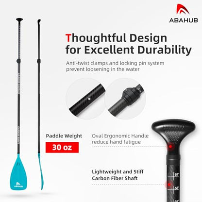 Abahub 1 x 3 Section Carbon Fiber SUP Paddle, Adjustable 67''-86'' Stand Up Paddle Lightweight Carbon Shaft, Black/Blue/Yellow/Green/Orange/Red Plastic Blade + Paddle Bag - color: Teal-SUP Paddle