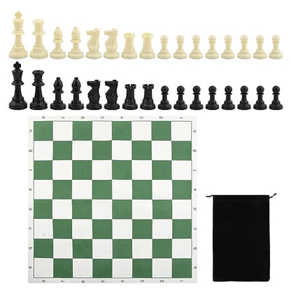 Portable Chess & Checkers Set, 42cm Tournament Chess Mat with Chesses & Storage Bag, PU Leather Tournament Roll Up Chessboard Travel Sets(Color:Green)