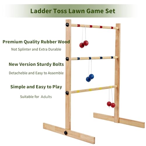 ApudArmis Ladder Toss Game Set, 35x26In Pine Wooden Golf Ladder Lawn Game with 6 Bolos Balls and Carrying Case - Outdoor Backyard Game for Teens Adults Family（New Version Sturdy Bolts）