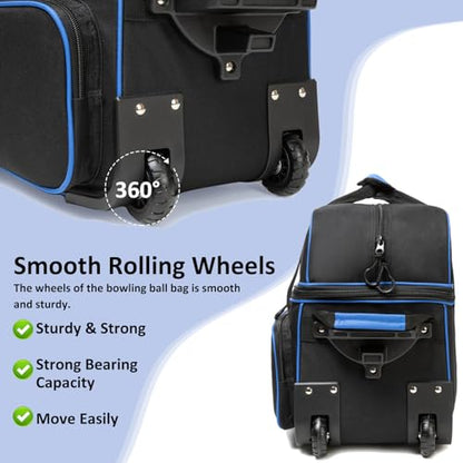 Bowling Bag with Wheels Double Roller 2 Ball Bowling Separate Shoe Compartment and Oversized Accessory Pocket, 36.6" Extendable Handle. - color: BLUE