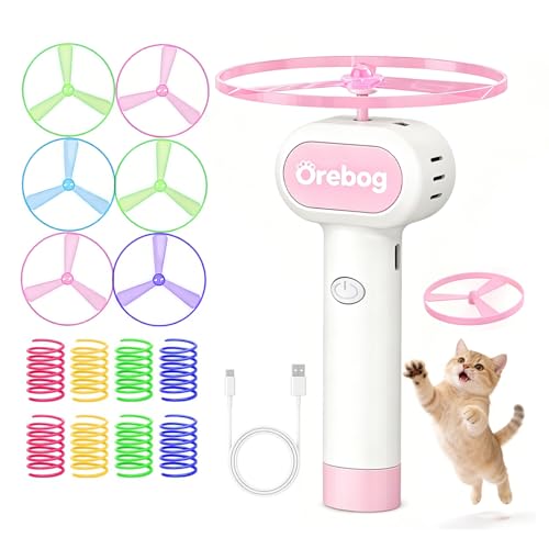 Cat Fetch Toy Launcher,Flying Disc Launcher Toy Rechargeable with 6 Flying Discs and 8 Coil Spring Toys,Flying Cat Toy Disc Launcher for Kitten Dog Playing Interactive Hunting Tracking Toys,Pink - color: Pink