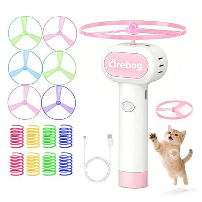 Cat Fetch Toy Launcher,Flying Disc Launcher Toy Rechargeable with 6 Flying Discs and 8 Coil Spring Toys,Flying Cat Toy Disc Launcher for Kitten Dog Playing Interactive Hunting Tracking Toys,Pink - color: Pink