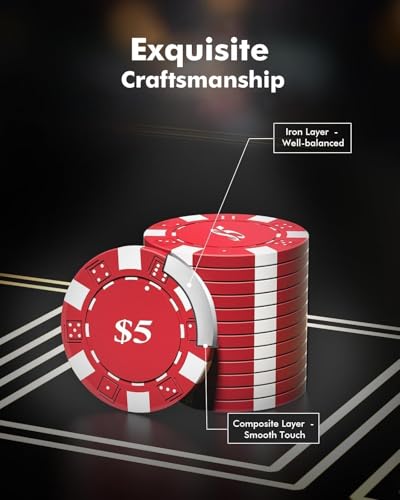 HEITOK 600pc Poker Chip Set 11.5g Iron Core Denominations Texas Holdem | 2-16 players, numbered values 1/5/25/100/500, aluminum case, cards, dice, dealer/small/big blind buttons, Blackjack - size: 600 numbered chips set