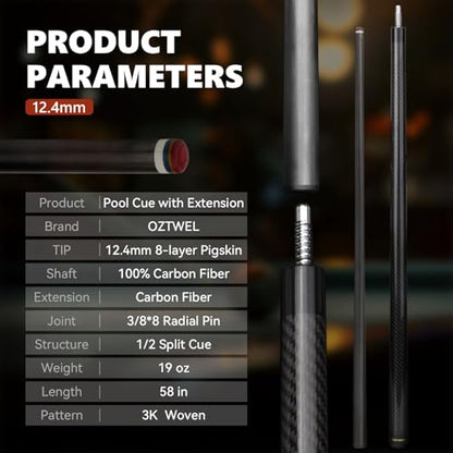 Carbon Fiber Pool Cue Stick, 12.4mm 8-Layer Tip Low Deflection Pool Cue Professional Pool Sticks for Adults with Pro Taper Cue Shaft 3/8 x 8 Joint Pin - color: Black with Extension