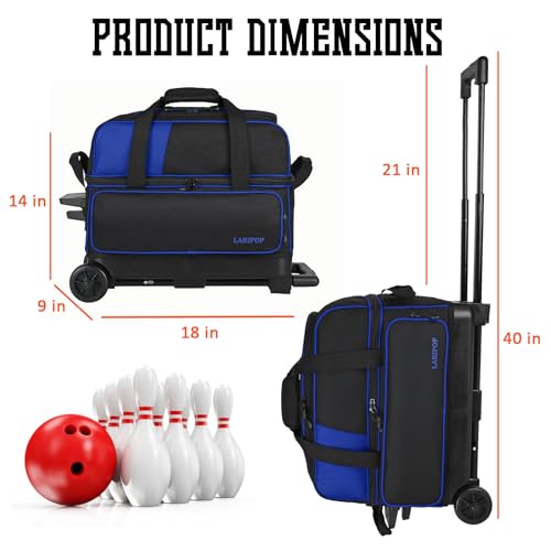 LARIPOP 2 Ball Bowling Roller Bag, Wheeled Bag with Shoe Compartment, Telescopic Handle & Padded Protection for Men Women - color: Blue