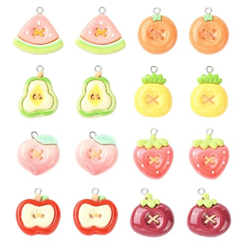 Stiesy Resin Fruit Charms 32Pcs, Imitation Button Pendants with Loop, Apple Strawberry Watermelon Pineapple Pear Peach Shape Charms for Jewelry Making, DIY Craft Supplies and Keychain Making - color: Fruit-8 Styles-32pcs