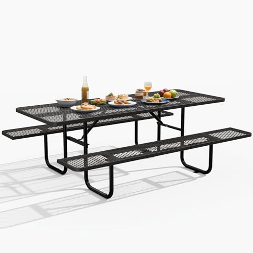 72 Inch Heavy Duty Picnic Table for Outdoors, Rectangular Camping Table with Benches and 1.78" Umbrella Hole, Commercial Grade Steel Frame, 2200 lbs Load Capacity, Black - color: Black, size: Rectangular