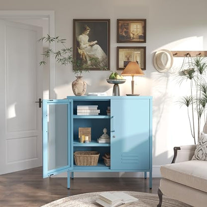 Accent Cabinet Locker, Lockable Storage Cabinet with Mesh & Metal Doors, 3-Tier Heavy Duty Steel Cabinet with 2 Adjustable Shelves, for Living Room, Home Office Blue 33" H x 29.5" W x 13.8" D - color: Ocean, style: Cabinet-33"H-SW