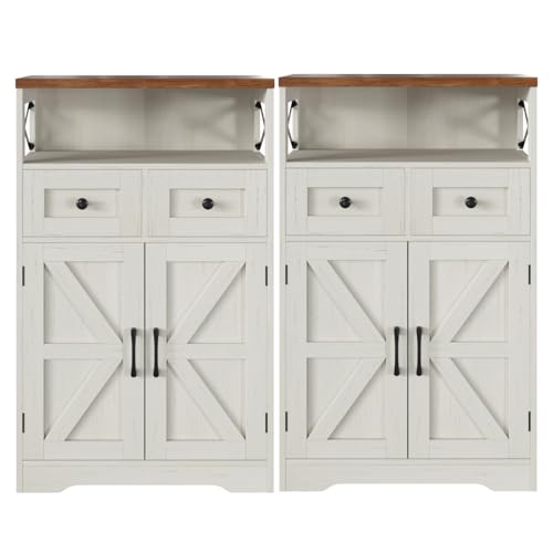 Befrases Set of 2 Farmhouse Storage Cabinet with Barn Doors and Drawers, Freestanding Kitchen Pantry, Floor Storage Cabinet Hutch Cupboard for Kitchen, Laundry, Living Room, White - color: Antique White, size: 2 Pack
