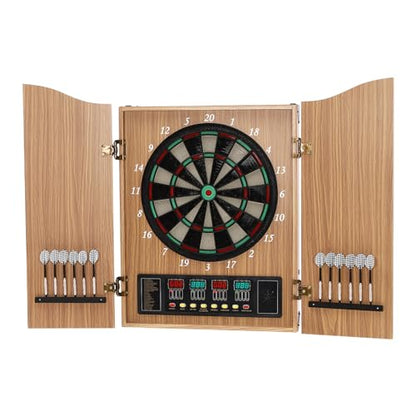 Electronic Dartboard Cabinet Combo Pro Size Large Auto-Scoring Cricket Display Extended Dart Catch Area 16 Player Multiplayer, Dartboard Cabinet with Soft Tip Darts and Power Adapter