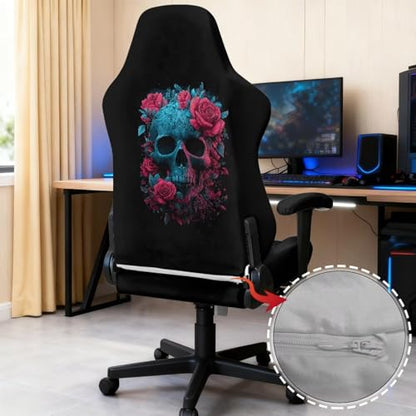 Skull Rose Print Gaming Chair Cover with Armrest Covers Dust-Proof Breathable Computer & Gaming Chair Slipcover Set of 4 Easy to Install Home Decorations - color: Black - Skull Rose
