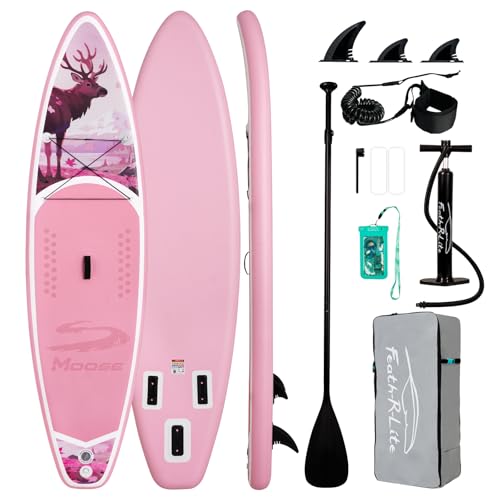 FEATH-R-LITE Inflatable Paddle Board Stand Up Paddleboards for Adults SUP with Premium Accessories Pump, Adjustable Paddle, Leash, Three Fins, Backpack - style: Blush Moose