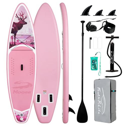 FEATH-R-LITE Inflatable Paddle Board Stand Up Paddleboards for Adults SUP with Premium Accessories Pump, Adjustable Paddle, Leash, Three Fins, Backpack - style: Blush Moose