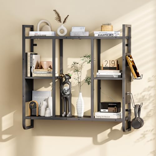 MAHANCRIS Gaming Floating Shelves with LED Lights | 3-Tier Wall Mounted Shelf with 2 Controller Hooks, Black Hanging Display Rack for Gaming Room Decor Home Bar
