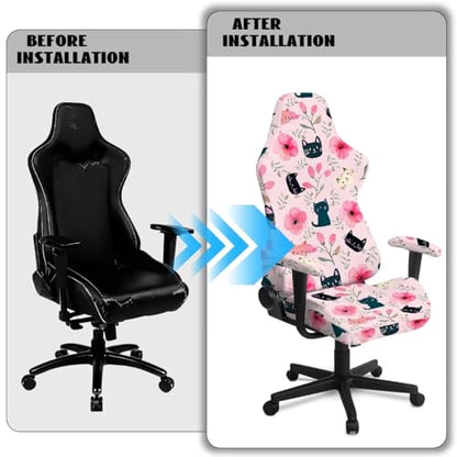 Black Cat Print Gaming Chair Covers Slipcovers with Armrest Covers Flower Print Computer & Gaming Chair Slipcover Universal Fit for Desk/Swivel/Rotating Chairs Protector - color: Pink - Black Cat Flower