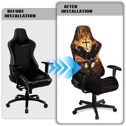 Suobstales Eagle Cross Fire Pattern Gaming Chair Cover, Removable Office Chair Cover with Zipper, Stretch Anti-dust Universal Washable High Back Computer Seat Protector for Pets - color: Eagle Cross Fire