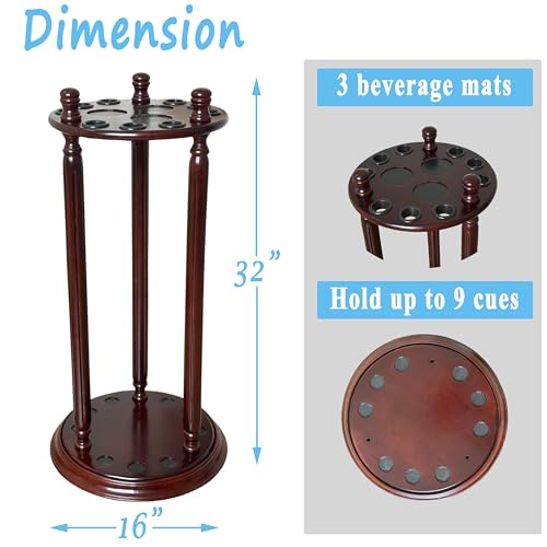 Revolving Billiard Cue Rack, Pool Stick Holder Floor Stand holds 9 Pool Table Sticks, Made of 100% Solid Wood (Mahogany) - color: Mahogany