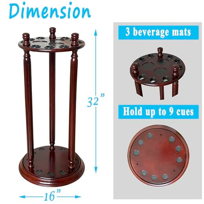 Revolving Billiard Cue Rack, Pool Stick Holder Floor Stand holds 9 Pool Table Sticks, Made of 100% Solid Wood (Mahogany) - color: Mahogany