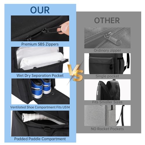 Pro 52L Pickleball Bag with Padded Paddle Protection Fits 6-10 Paddles,Ventilated Shoe Compartment,Wet Dry Separation,Hidden Ball Net,Designed for 2 Players Family and Couples - color: NEW BALCK