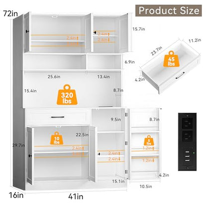 FJTJBSI 72" Kitchen Pantry Cabinet with LED Light and Charging Station Tall Pantry Storage Cabinet with Adjustable Shelves and Door Shelves Modern Kitchen Hutch with Microwave Stand and Countertop - color: White