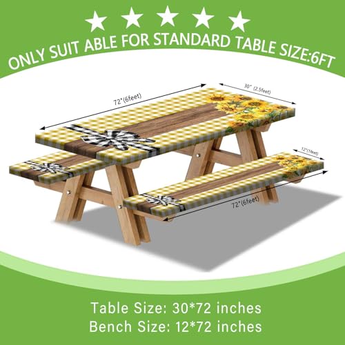 Picnic Table Cover with Bench Covers, Sunflower Buffalo Plaid Farmhouse Wood Waterproof Elastic Fitted Tablecloths Outdoor Camping Essentials, with Drawstring Bag, 96in, Yellow - color: Yellow, size: 30X96inch