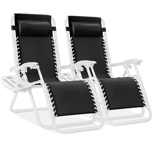 Best Choice Products Set of 2 Adjustable Steel Mesh Zero Gravity Lounge Chair Recliners w/Pillows and Cup Holder Trays - Black/White - color: Black/White, size: Standard