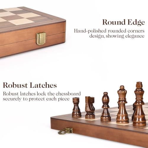 ELONGDI 15" Wooden Chess Set with Magnetic Pieces - Extra Queens - Folding Chessboard Portable Travel Tournament Chess Board Games for Adults Kids - size: 15 Inches