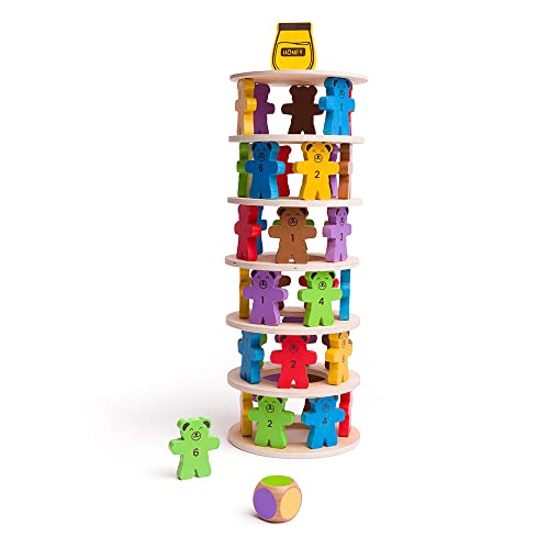 Bigjigs Toys Teddy Tumbling Tower Game - 49 Piece Stacking Tower for 3+ Years, Colourful Balancing Puzzles, Quality Wooden Stacking Toys & Montessori Toys for Kids