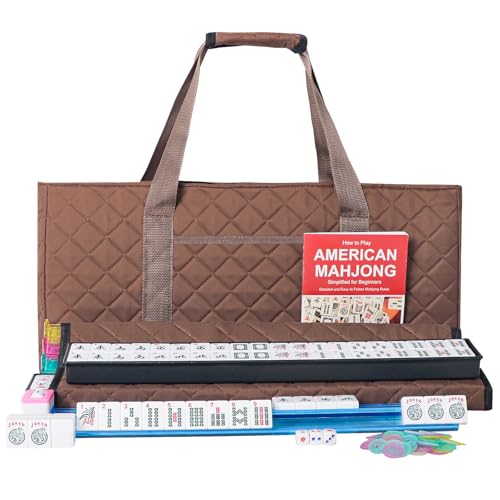 ZGME American Mahjong Set,166 White Tiles with Brown Rectangular Bag and Accessories,4 All-in-One Mahjong Racks with Pushers - color: Brown
