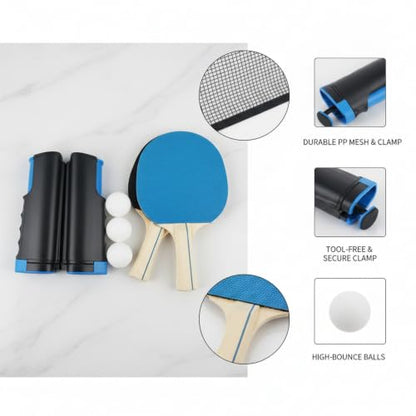 Portable Retractable Ping Pong Net Set with 2 Rackets & 3 Balls, Tool-Free Clamp for Any Flat Table - color: Black
