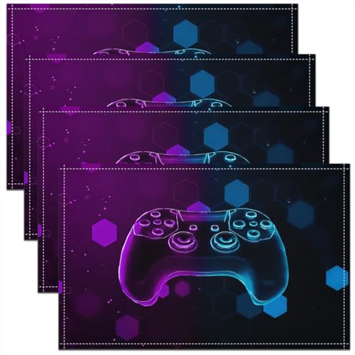 Erosebridal Gamepad 4 PCS of Placemats 12x18 Game Controller Place Mat for Dining Table Boys Honeycomb Hexagon Non Slip Table Mats Modern Spots Purple Blue - color: Purple Blue
