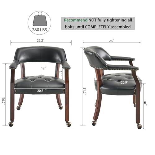 Set of 4 Dining Chair with Casters, Accent Captains Leather Chairs with Wheels & Arms,Wheeled Roller Wood Chairs for Kitchen & Game Poker Table,rCherry&Black 1533BK(NO Table!) - color: Cherry&black