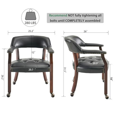 Set of 4 Dining Chair with Casters, Accent Captains Leather Chairs with Wheels & Arms,Wheeled Roller Wood Chairs for Kitchen & Game Poker Table,rCherry&Black 1533BK(NO Table!) - color: Cherry&black