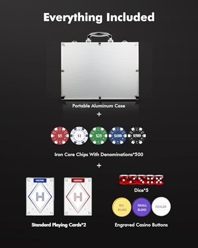 HEITOK 500pc Poker Chip Set 11.5g Iron Core Denominations Texas Holdem | 2-10 players, numbered values 1/5/25/100/500, aluminum case, cards, dice, dealer/small/big blind buttons, Blackjack - size: 500 numbered chips set