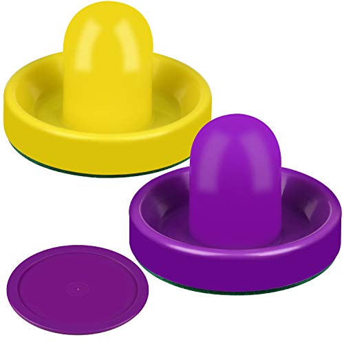 ONE250 Air Hockey Pushers and Red Air Hockey Pucks, Goal Handles Paddles Replacement Accessories for Game Tables (4 Striker, 4 Puck Pack) - color: Purple & Yellow