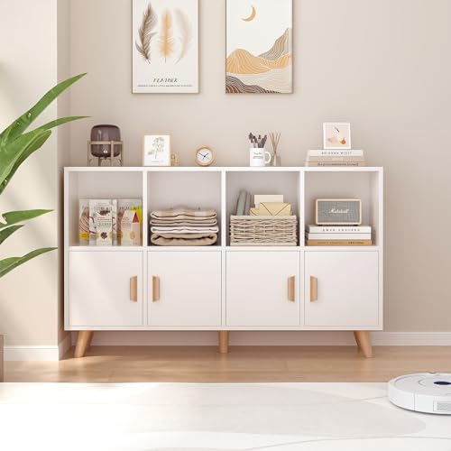 OSCHF Cubby Shelf Bookcase with Doors - Wooden 8 Cube Floor Standing Open Bookshelf with Solid Wood Legs, 2-Tier Low Storage Cabinet, Warm White - color: Warm White