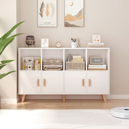OSCHF Cubby Shelf Bookcase with Doors - Wooden 8 Cube Floor Standing Open Bookshelf with Solid Wood Legs, 2-Tier Low Storage Cabinet, Warm White - color: Warm White