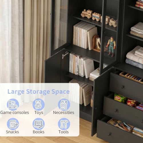 TUSY 71" H Bookshelf with Storage, 6-Tier Modern Bookshelves with 3 Large Drawer, Display Bookcase with Glass Doors, Modern 5-Tier Curio Cabinet for Home Office, Dining Room (Black, AB) - color: Black