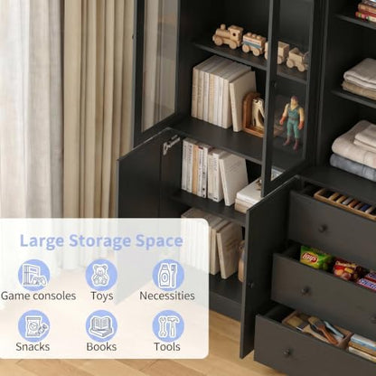 TUSY 71" H Bookshelf with Storage, 6-Tier Modern Bookshelves with 3 Large Drawer, Display Bookcase with Glass Doors, Modern 5-Tier Curio Cabinet for Home Office, Dining Room (Black, AB) - color: Black