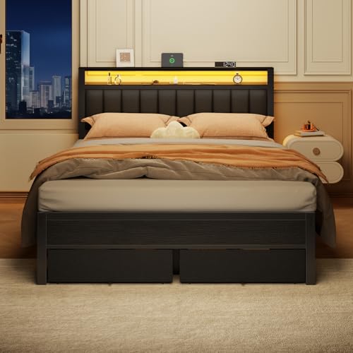 Furnulem Queen Bed Frame with Charging Station and LED Lights, Grey Upholstered Headboard with Shelves, Metal Platform Bed with 2 Under-Bed Storage (Fabric Drawer on Wheels), No Box Spring Needed - size: Queen