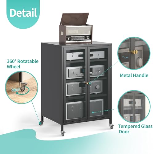 Media Cabinet with Glass Door Metal Stereo Cabinets with Adjustable Shelves 4 Tier DVD AV Storage Audio Video Rack Record Play Stand Display Cabinets for Living Room, Gaming, Recording Room – Black