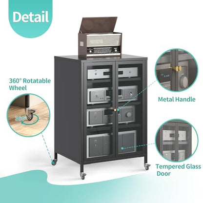 Media Cabinet with Glass Door Metal Stereo Cabinets with Adjustable Shelves 4 Tier DVD AV Storage Audio Video Rack Record Play Stand Display Cabinets for Living Room, Gaming, Recording Room – Black