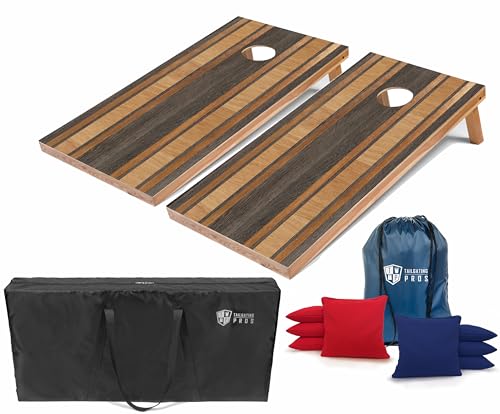 Tailgating Pros Cornhole Boards - 4'x2' Lightweight Regulation Flag & Patriotic Outdoor Themed Cornhole Game w/Carrying Case & Set of 8 Corn Hole Bean Bags w/Tote - color: Dark Walnut Stripe