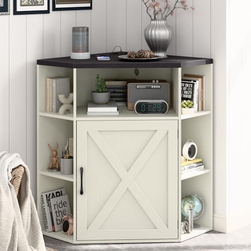 Vabches Corner Cabinet, Corner Storage Shelf with USB Ports and Outlets Industrial Organizer for Small Space Wooden 6-Cubby Bookshelf for Study, Playroom, Living Room (Rustic White and Black) - color: Rustic White and Black