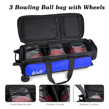 WOLT 3 Ball Bowling Bags with Wheels,Bowling Ball Bag 3 Ball Roller with Separate Shoe Compartment and Accessory Pocket, Retractable Handle Extends to 38’’ - color: blue