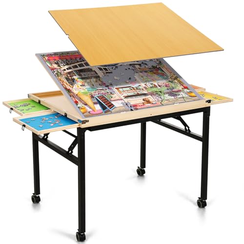Puzzle Table with Drawers and Folding Metal Legs, 1500 Pieces Portable Puzzle Board with Cover, No Assembly Required, 3 Adjustable Tilting Angles, Easy to Move, Birthday Gift for Mom Seniors