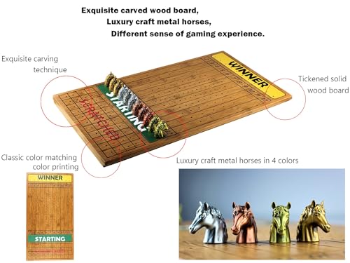 Metal Horse Race Board Game Set with Horse Racing Thick & Solid Wood Game Board(22"/Dark),11 Luxurious with 4 Antique(Gold,Silver,Red Cooper&Bronze) Metal Craft Horses, Dice&Cards (HR-F654) - color: Hr-f654