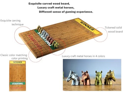 Metal Horse Race Board Game Set with Horse Racing Thick & Solid Wood Game Board(22"/Dark),11 Luxurious with 4 Antique(Gold,Silver,Red Cooper&Bronze) Metal Craft Horses, Dice&Cards (HR-F654) - color: Hr-f654